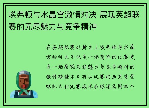 埃弗顿与水晶宫激情对决 展现英超联赛的无尽魅力与竞争精神