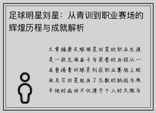 足球明星刘星：从青训到职业赛场的辉煌历程与成就解析