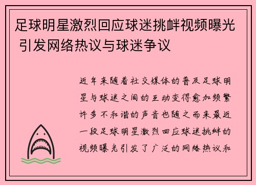 足球明星激烈回应球迷挑衅视频曝光 引发网络热议与球迷争议